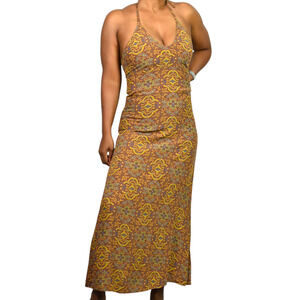 Vintage Gap Halter Dress Brown Mandala Grunge Long Maxi Rayon Block Print Small